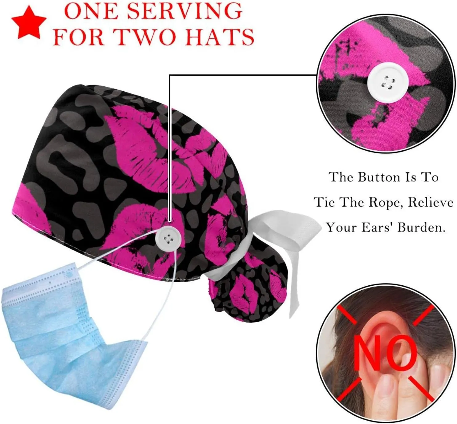 & Sweatband, Unisex Tie Back Hats 2 Packs Leopard powerfully Blue Scrub Hats for Women Long Hair, Working Cap with Button 