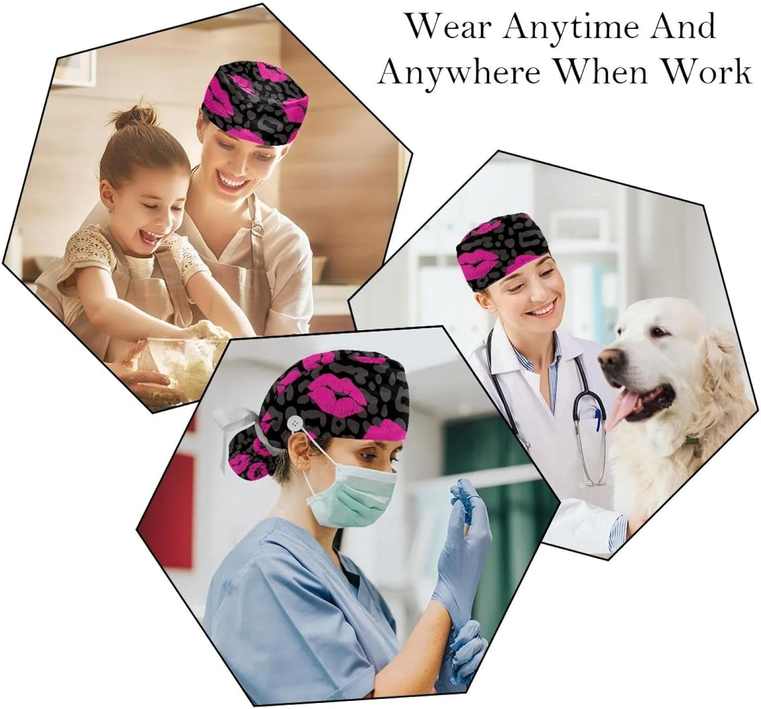 & Sweatband, Unisex Tie Back Hats 2 Packs Leopard powerfully Blue Scrub Hats for Women Long Hair, Working Cap with Button 