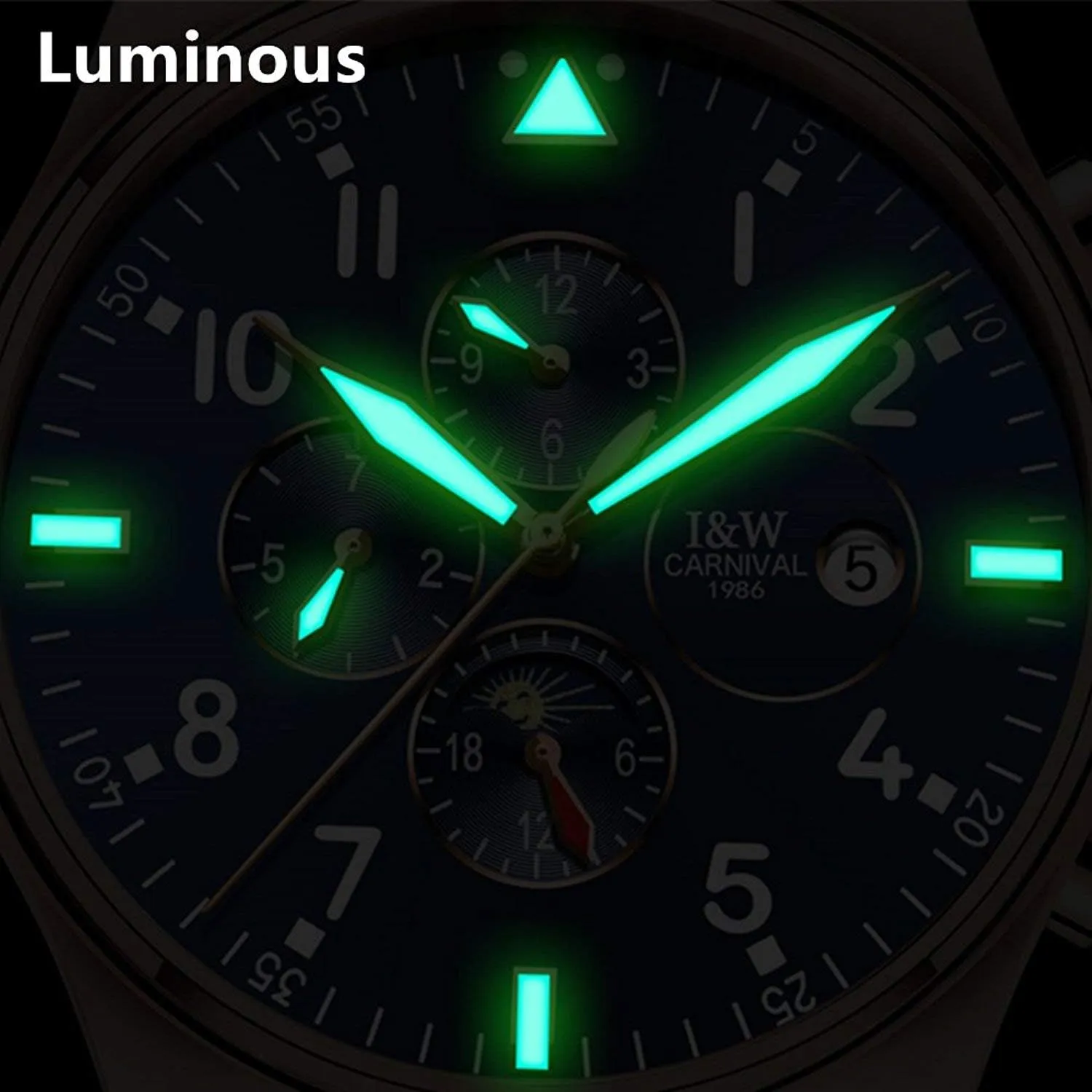 Analog bombardment Automatic Luminous Hands Calendar Moon Phase Waterproof Watch Mens Business Multifunction Dial 