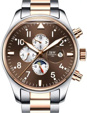 Analog bombardment Automatic Luminous Hands Calendar Moon Phase Waterproof Watch Mens Business Multifunction Dial 