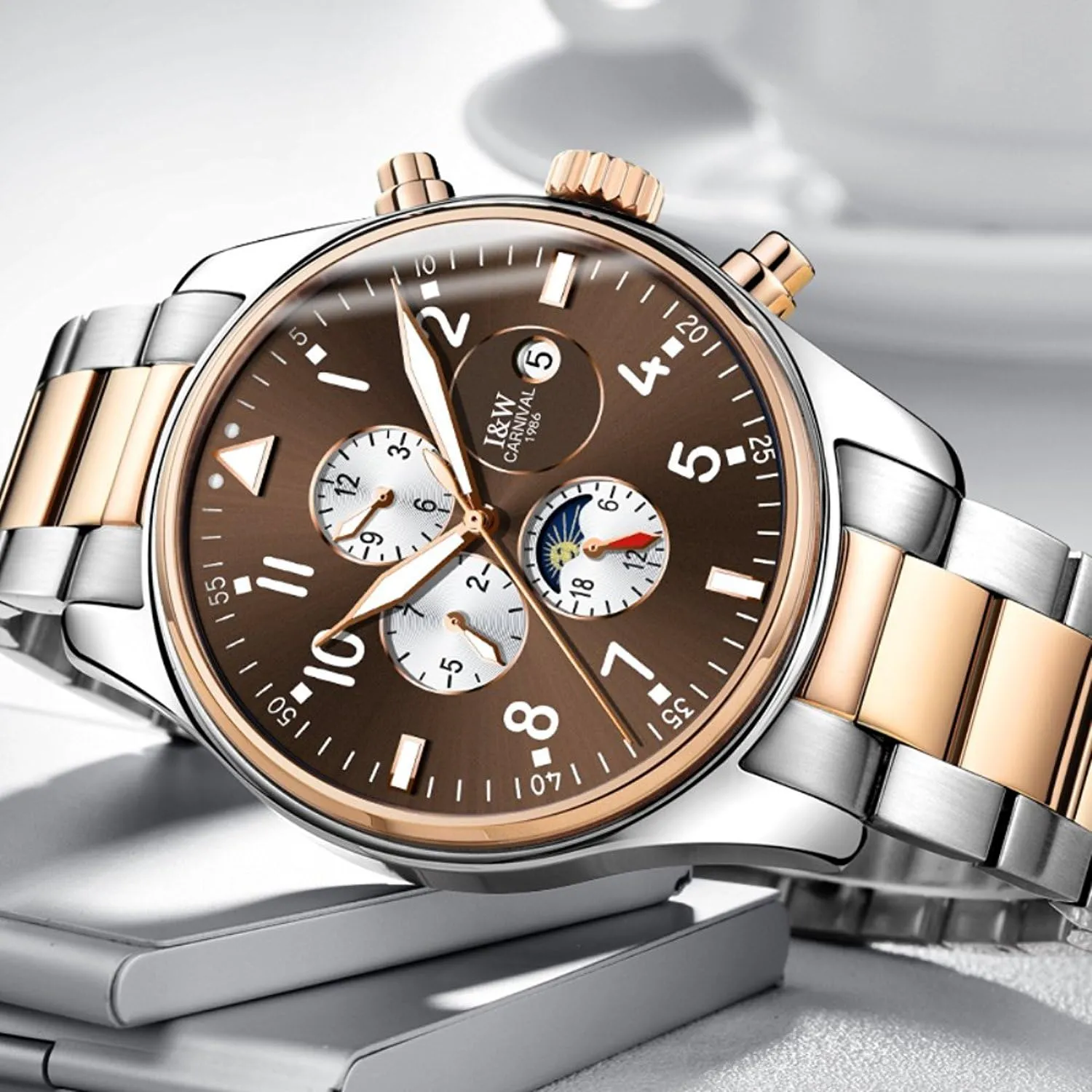 Analog bombardment Automatic Luminous Hands Calendar Moon Phase Waterproof Watch Mens Business Multifunction Dial 