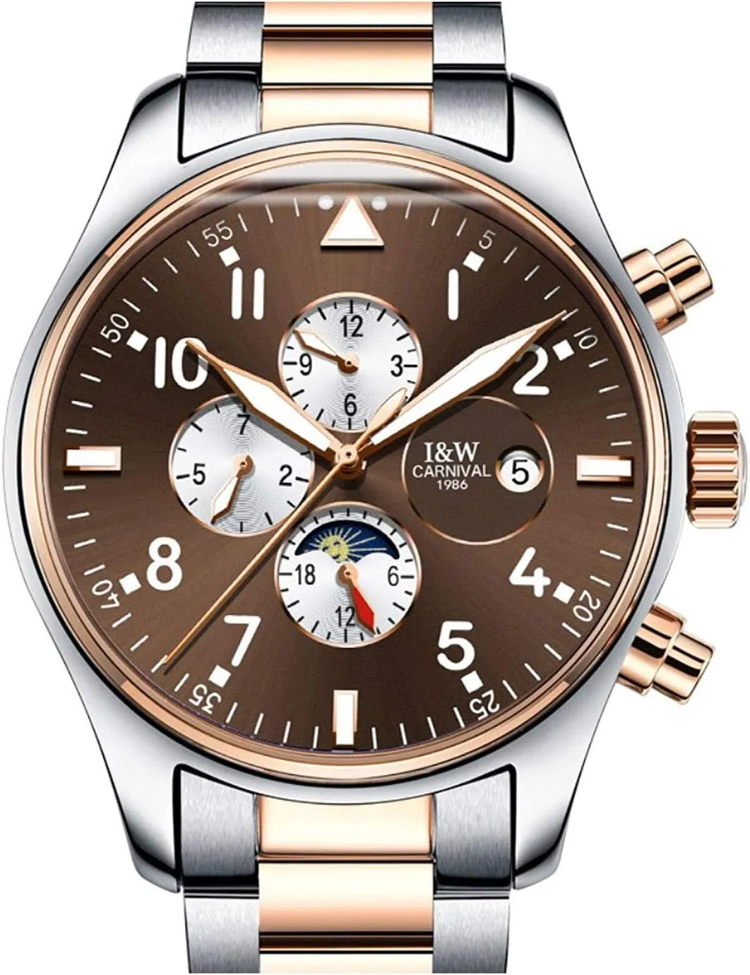 Analog bombardment Automatic Luminous Hands Calendar Moon Phase Waterproof Watch Mens Business Multifunction Dial 