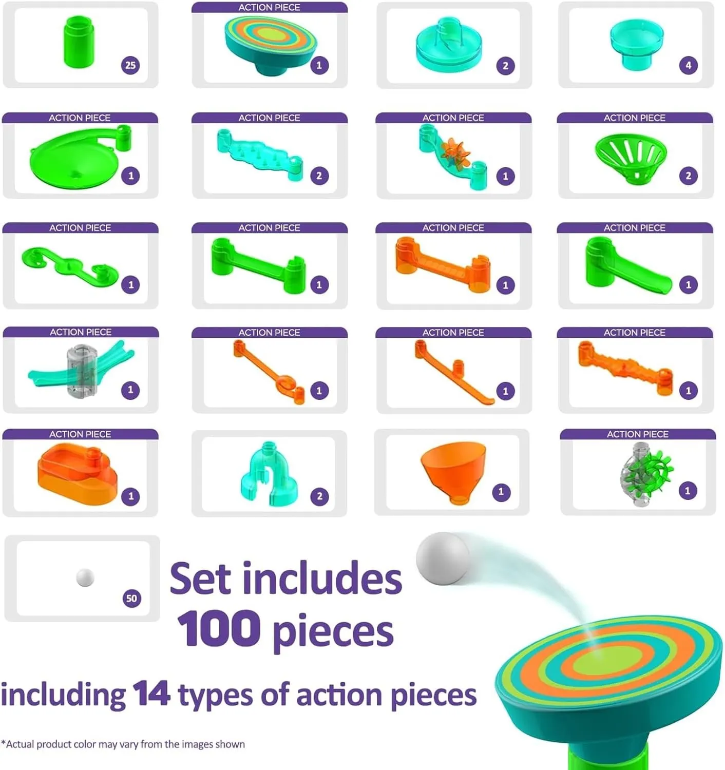 and Full-Color Instruction Booklet, Made for Ages 5 and Up Marble Genius Marble Run Stunts Starter Set: 100 Pieces char trail Total, 14 Action Pieces Including New Patented Trampoline, Includes Free Online App 