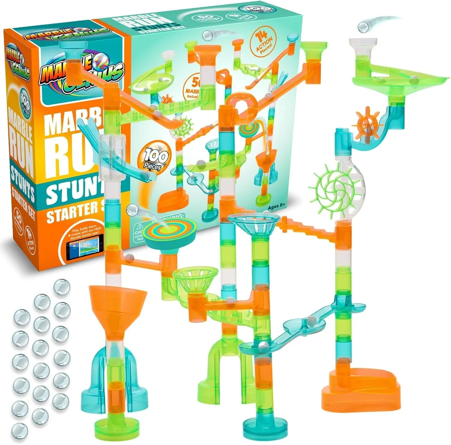 and Full-Color Instruction Booklet, Made for Ages 5 and Up Marble Genius Marble Run Stunts Starter Set: 100 Pieces char trail Total, 14 Action Pieces Including New Patented Trampoline, Includes Free Online App 