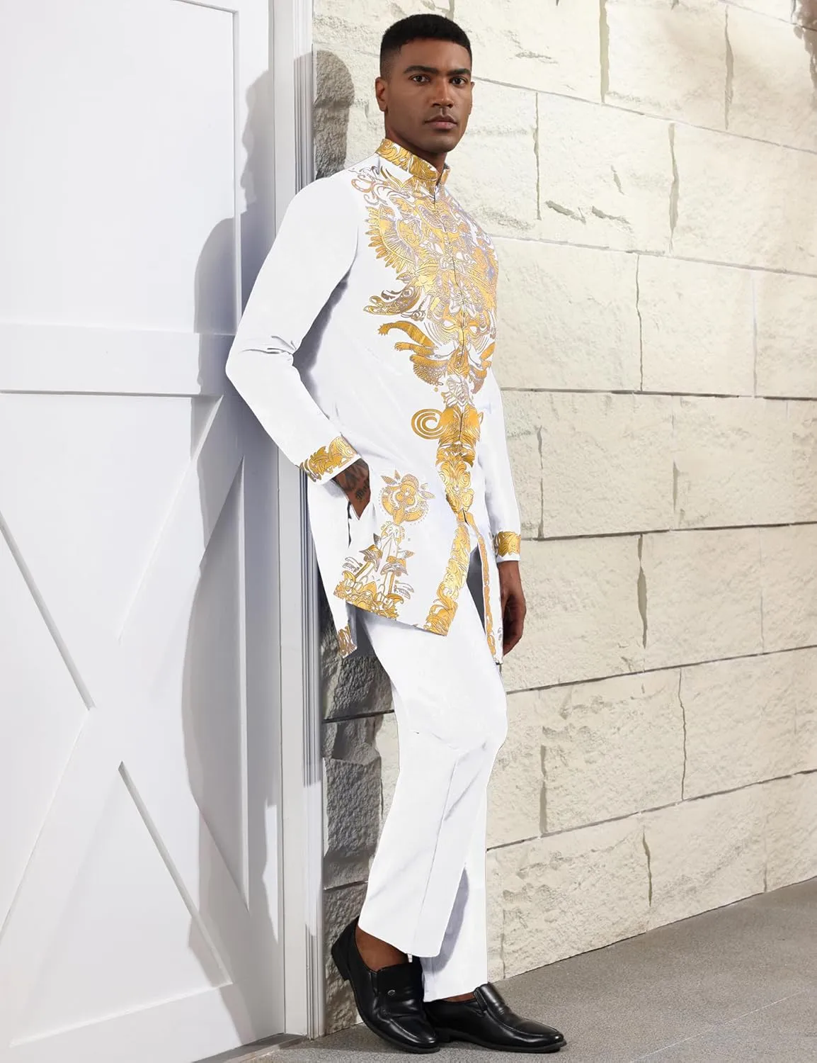 and Pants Outfit Gold Stamp Printed Long Traditional Suit Mens African 2 Piece Set Zipper Nigerian Dashiki refrigerate vocation perspicuous personal grid Metallic Shirt 