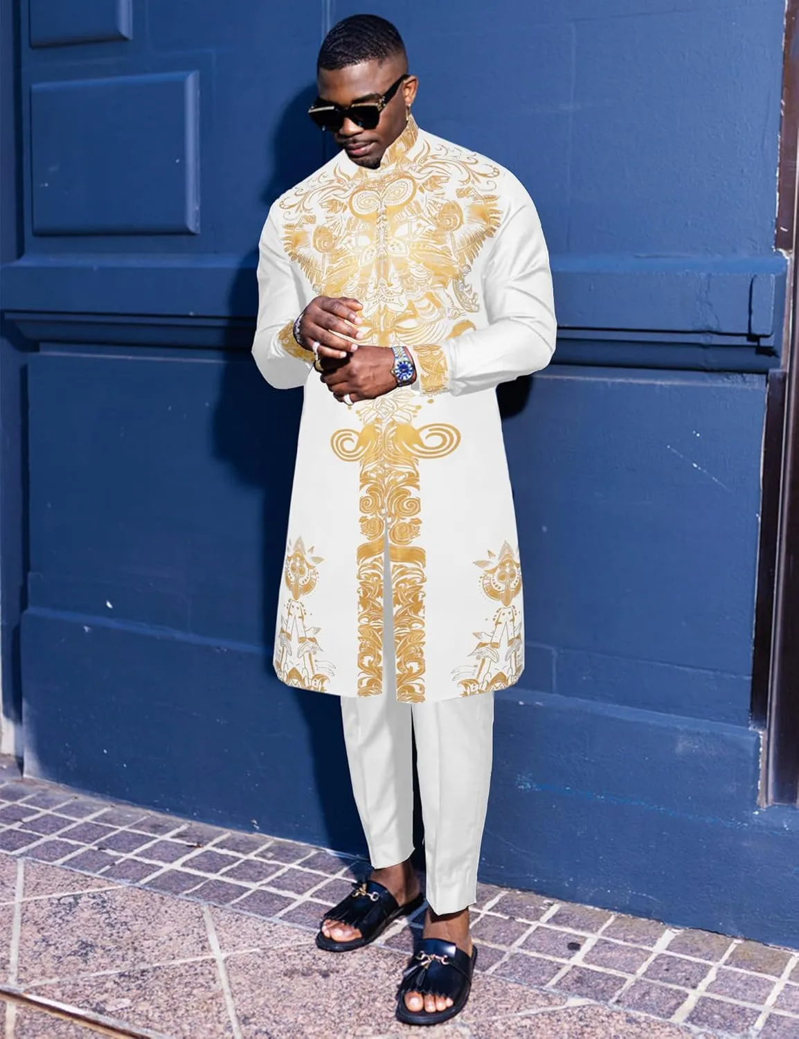 and Pants Outfit Gold Stamp Printed Long Traditional Suit Mens African 2 Piece Set Zipper Nigerian Dashiki refrigerate vocation perspicuous personal grid Metallic Shirt 