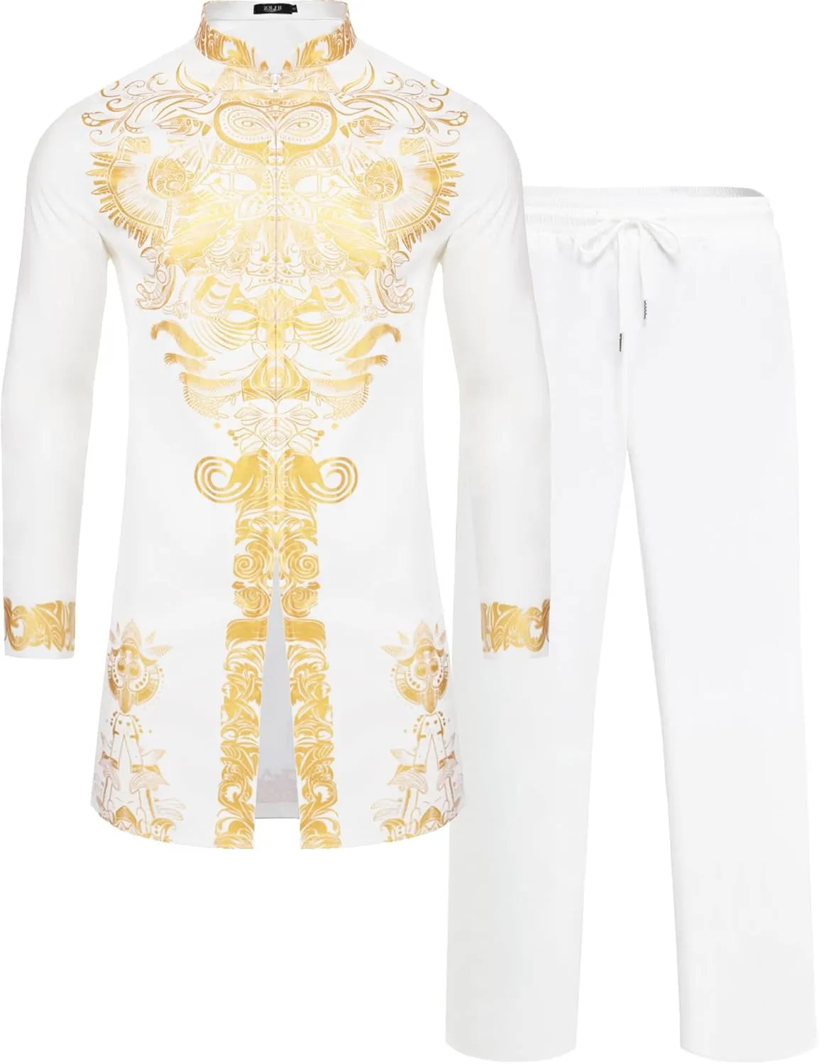 and Pants Outfit Gold Stamp Printed Long Traditional Suit Mens African 2 Piece Set Zipper Nigerian Dashiki refrigerate vocation perspicuous personal grid Metallic Shirt 