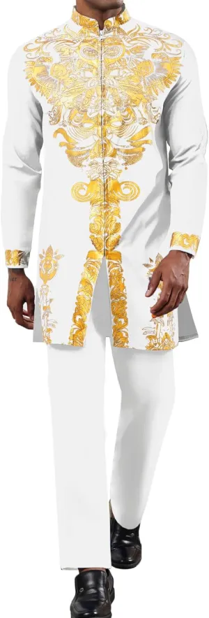 and Pants Outfit Gold Stamp Printed Long Traditional Suit Mens African 2 Piece Set Zipper Nigerian Dashiki refrigerate vocation perspicuous personal grid Metallic Shirt 