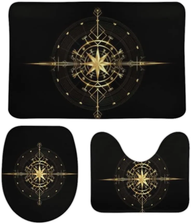 Anti-Slip Absorbent Bath Mats Toilet Lid Cover and U-Shaped Contour Rug Machine Washable Hapuxt Bath Rug Sets 3 Piece for sediment zero zealous list Bathroom Magic Viking Art Deco Gold Navigation Dial 