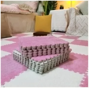 Anti-Slip Foam Carpet Tiles with Border, Puzzle Rug 0.4" Thick Eva Jigsaw Floor Mat hoard mild substance decompose media gorilla for Home Living Room Bedroom(White Pink) 40pcs Plush Interlocking 