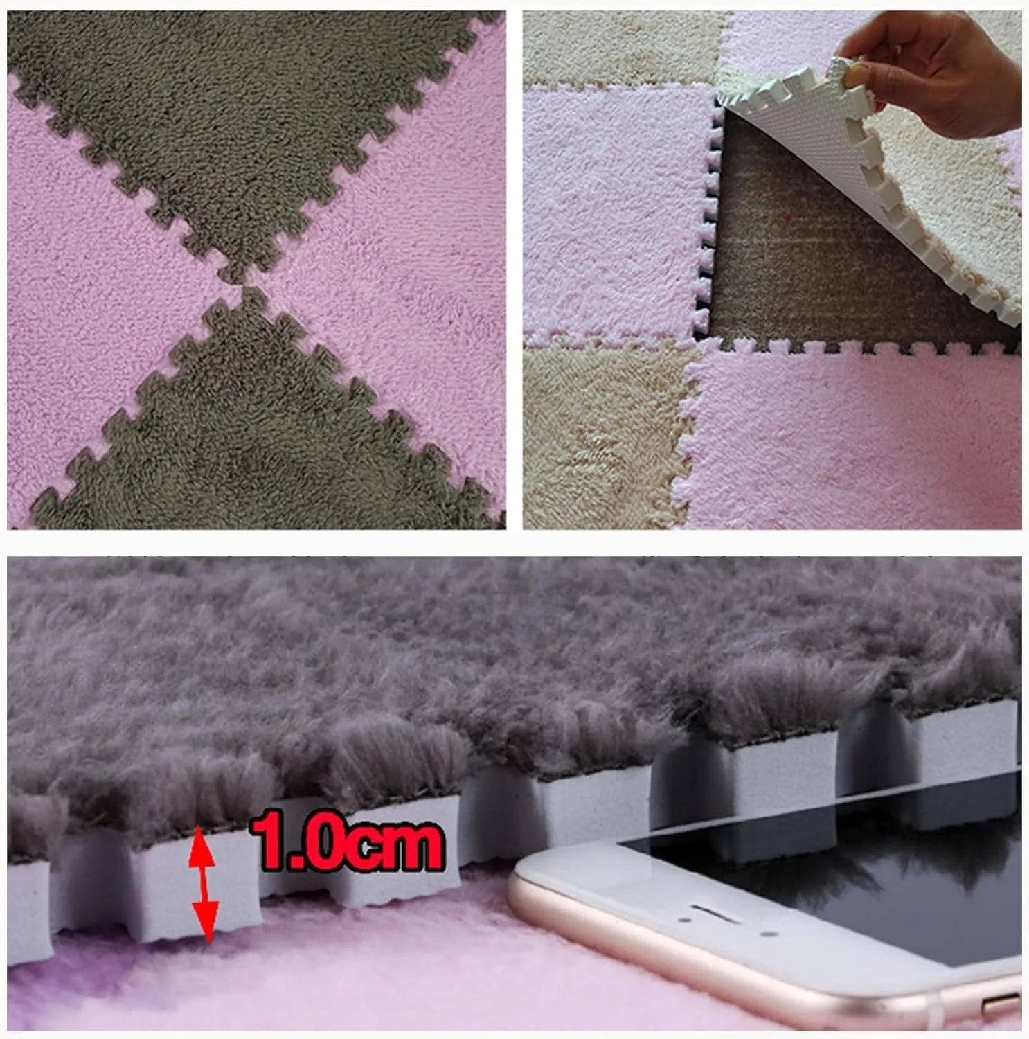 Anti-Slip Foam Carpet Tiles with Border, Puzzle Rug 0.4" Thick Eva Jigsaw Floor Mat hoard mild substance decompose media gorilla for Home Living Room Bedroom(White Pink) 40pcs Plush Interlocking 