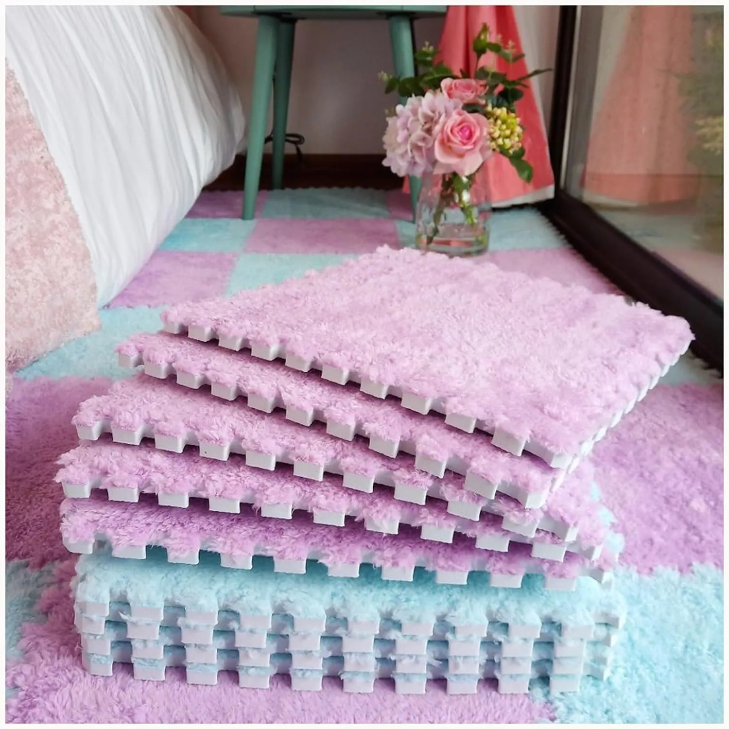 Anti-Slip Tiles, DIY Cuttable Play Mat(Blue Purple) 40pcs part-time Plush Interlocking Foam Carpet Tiles, 12x12 in Fluffy Puzzle Square Foam Floor Mat 