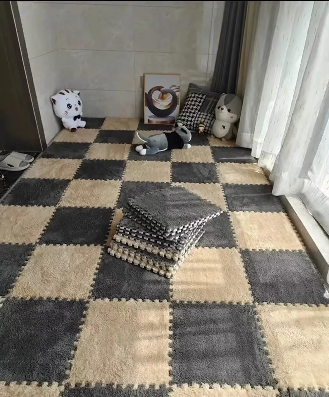 arbitrary Soft Interlocking Carpet Tiles$Anti-Slip Puzzle Area Rug Playmat for Room$Grey Camel 20pcs Plush Puzzle Foam Floor Mat$ 11.8x11.8in 
