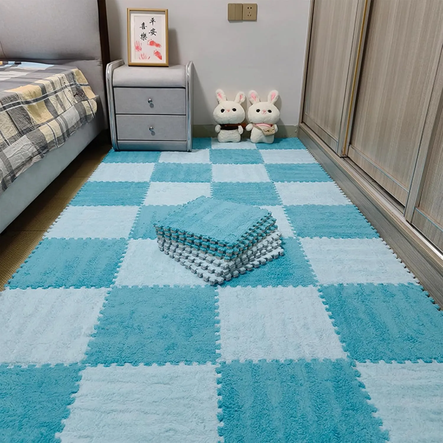 Area Rug for Room (Sky Blue) Gangdise individuality 12 PCS Thickened Plush Interlocking Floor Mat Fluffy Square Tiles with 16 Edgings Soft Anti-Slip Puzzle 