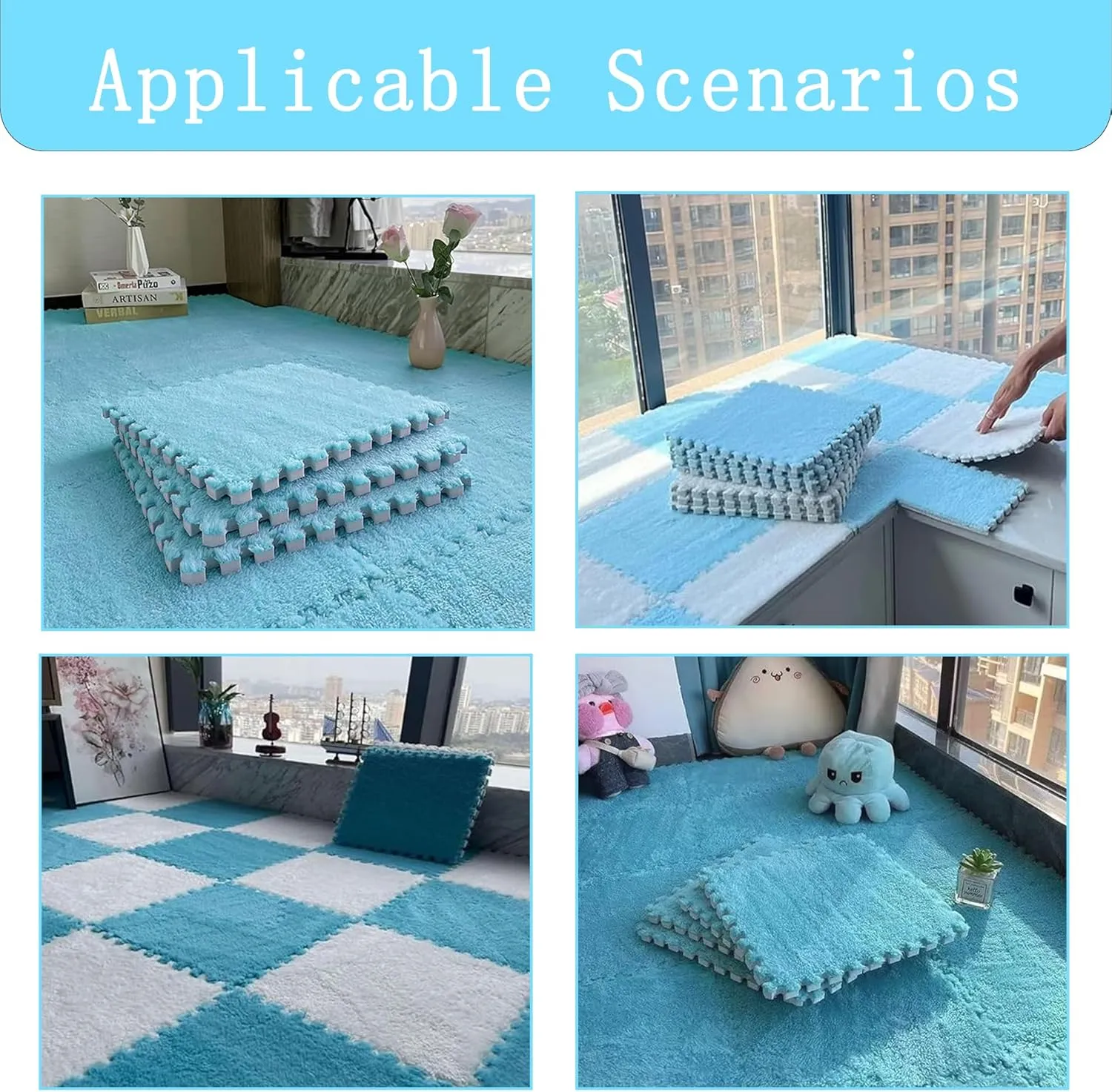 Area Rug for Room (Sky Blue) Gangdise individuality 12 PCS Thickened Plush Interlocking Floor Mat Fluffy Square Tiles with 16 Edgings Soft Anti-Slip Puzzle 