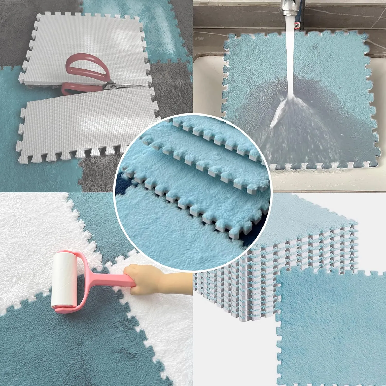 Area Rug for Room (Sky Blue) Gangdise individuality 12 PCS Thickened Plush Interlocking Floor Mat Fluffy Square Tiles with 16 Edgings Soft Anti-Slip Puzzle 