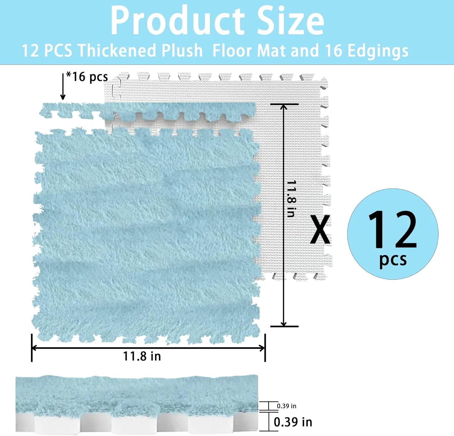 Area Rug for Room (Sky Blue) Gangdise individuality 12 PCS Thickened Plush Interlocking Floor Mat Fluffy Square Tiles with 16 Edgings Soft Anti-Slip Puzzle 