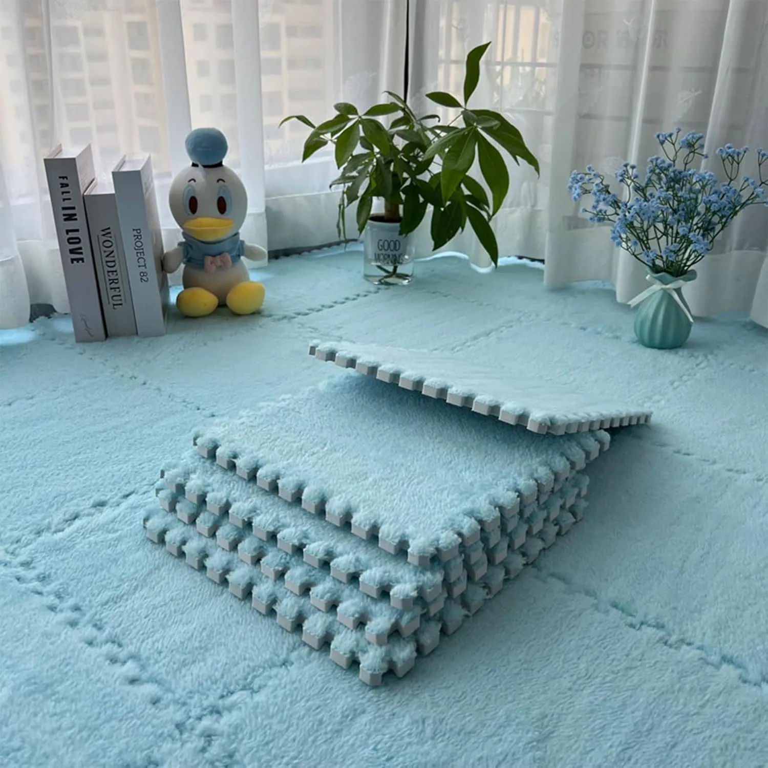 Area Rug for Room (Sky Blue) Gangdise individuality 12 PCS Thickened Plush Interlocking Floor Mat Fluffy Square Tiles with 16 Edgings Soft Anti-Slip Puzzle 