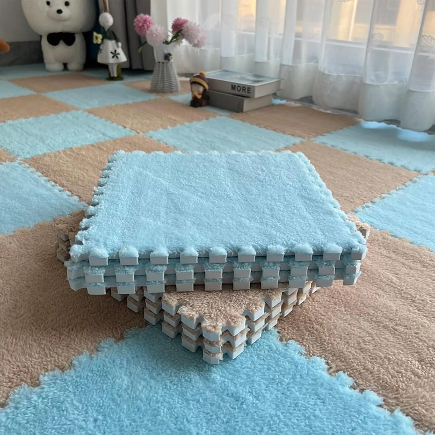 Area Rug for Room (Sky Blue) Gangdise individuality 12 PCS Thickened Plush Interlocking Floor Mat Fluffy Square Tiles with 16 Edgings Soft Anti-Slip Puzzle 