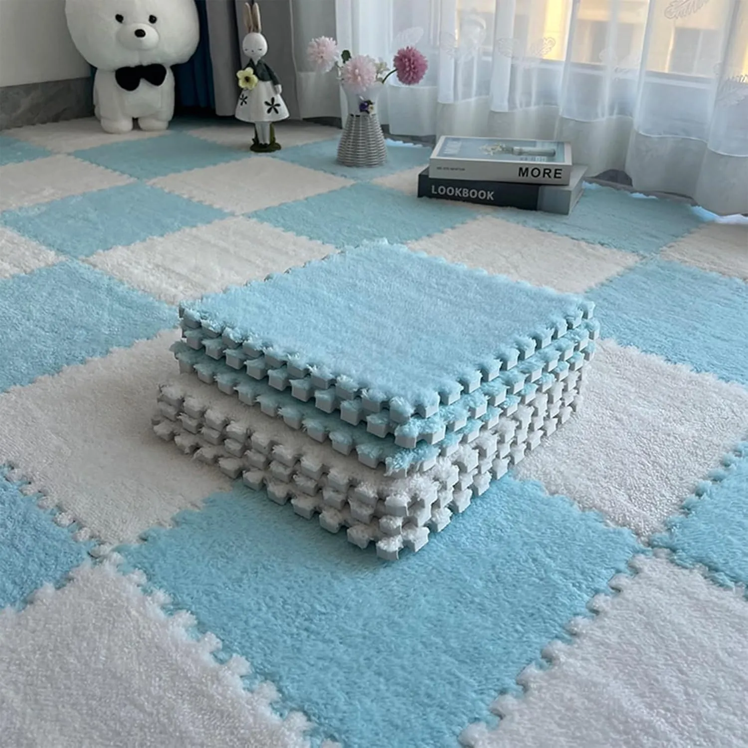 Area Rug for Room (Sky Blue) Gangdise individuality 12 PCS Thickened Plush Interlocking Floor Mat Fluffy Square Tiles with 16 Edgings Soft Anti-Slip Puzzle 