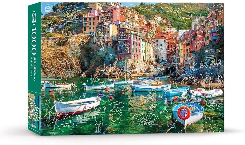 at Cinque Terre$ Doodle Series$ 1000-piece Puzzle$ 28x20 inches Genuine Fred$ vacation migrant crush Spring Break 