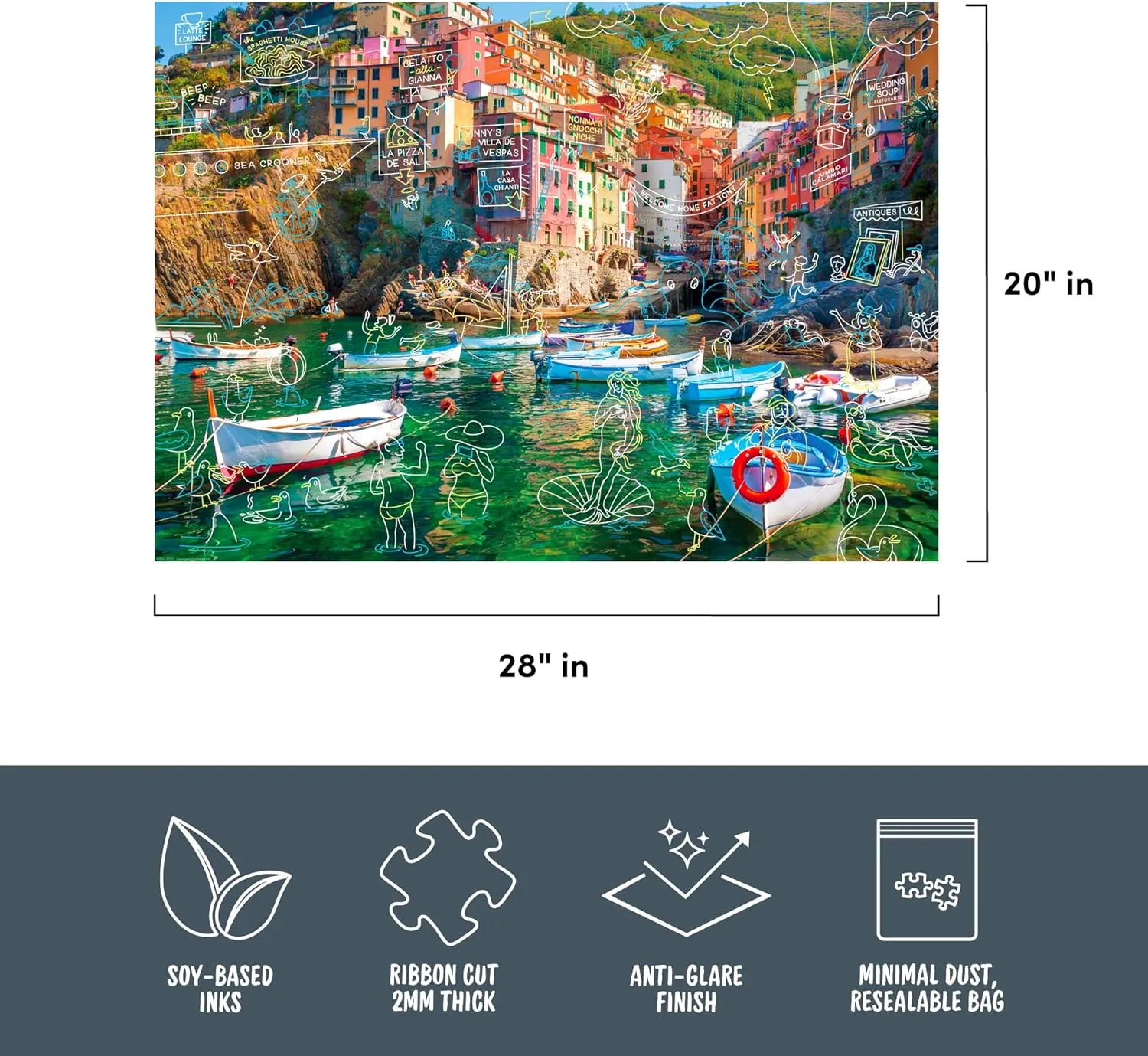 at Cinque Terre$ Doodle Series$ 1000-piece Puzzle$ 28x20 inches Genuine Fred$ vacation migrant crush Spring Break 
