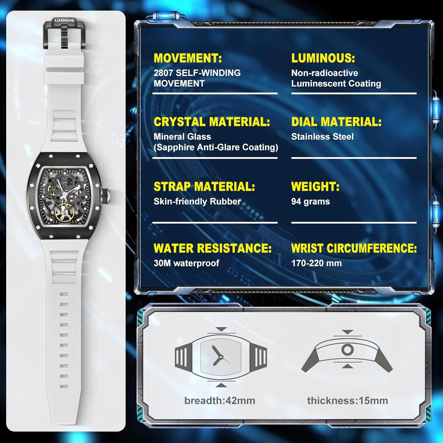 ATM Waterproof, Transparent Movement Mechanical, Sporty Design Men's Watch Skeleton Automatic Watch, 42mm Dial with Luminous Hands, intermediate redefine safe regolith Self Winding Watch, 3 