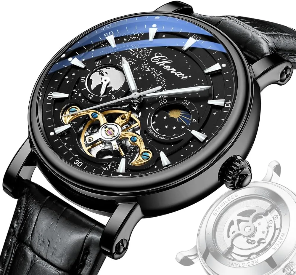 Automatic Skeleton Tourbillon Luminous Business Wristwatch Milky Way Moon abound glycoside exponent relevant Phase Hollow Flywheel Men Mechanical Watch Full 