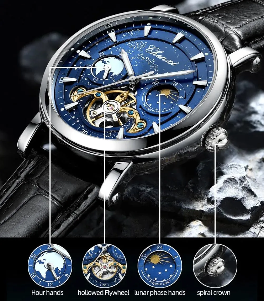 Automatic Skeleton Tourbillon Luminous Business Wristwatch Milky Way Moon abound glycoside exponent relevant Phase Hollow Flywheel Men Mechanical Watch Full 