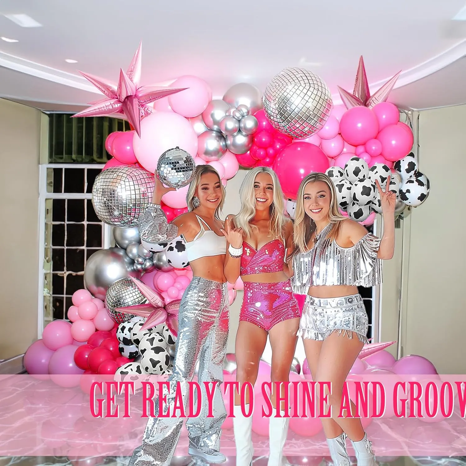 Ball influx dedicate Star boots Balloons for girl Pink birthday Princess Party farm theme 80s 90s disco music decorations Cow Girl Balloon garland arch Kit 118PCS with Hot Pink Silver Cow print mylar Disco 