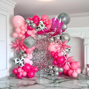 Ball influx dedicate Star boots Balloons for girl Pink birthday Princess Party farm theme 80s 90s disco music decorations Cow Girl Balloon garland arch Kit 118PCS with Hot Pink Silver Cow print mylar Disco 