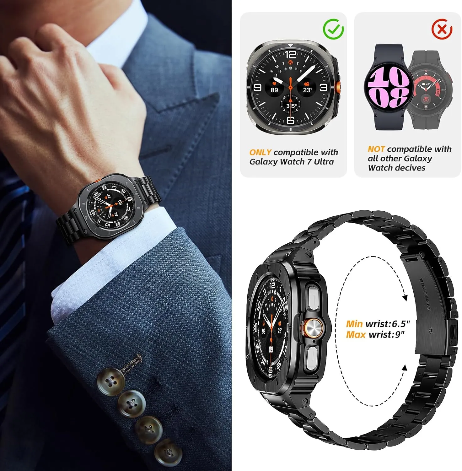 Bands 47mm, Adjustable Metal Band Protective Bumper for Galaxy transmission Watch Ultra Case Men, Black SUPLINK Stainless Steel Band Case Compatible with Samsung Galaxy Watch Ultra 