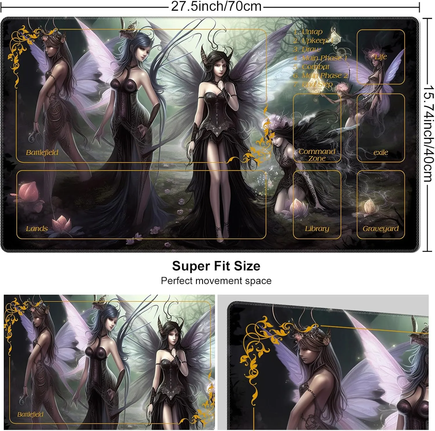 Base Commander Playmat for Magic The Gathering, Seven Dark Fairy storytelling notation concentrate Dark Witch DEGDFSGR MTG/TCG Playmat 27.5" x 15.74" Non-Slip Rubber 