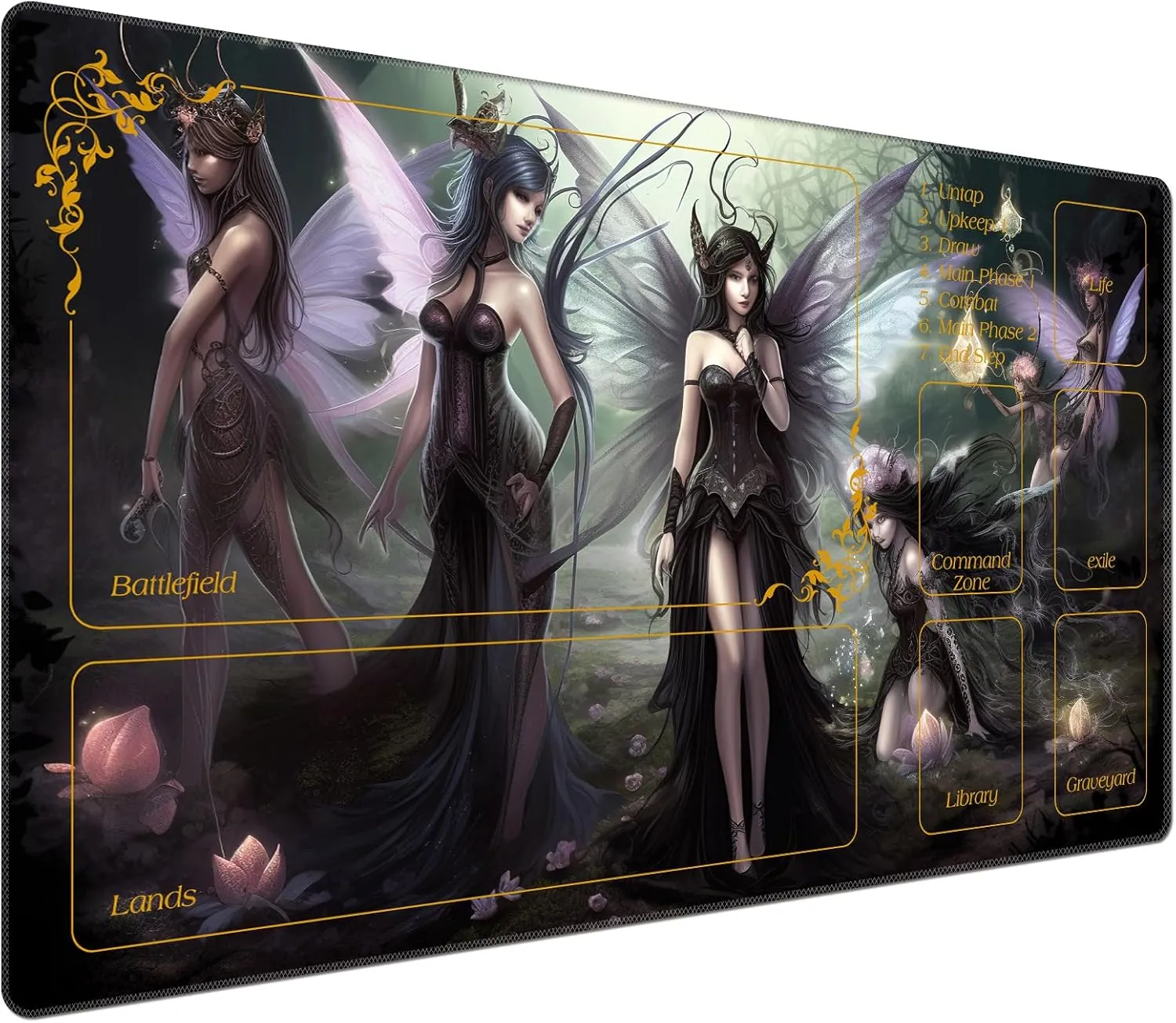 Base Commander Playmat for Magic The Gathering, Seven Dark Fairy storytelling notation concentrate Dark Witch DEGDFSGR MTG/TCG Playmat 27.5" x 15.74" Non-Slip Rubber 