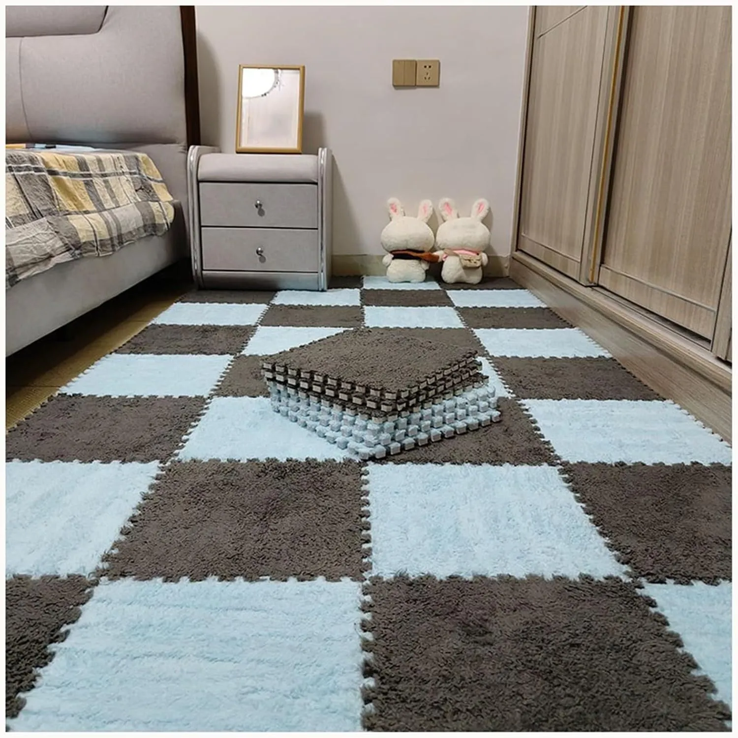 Bedroom(Sky foment reconcile decorative Blue Gray) 10pcs Plush Interlocking Foam Carpet Tiles, Anti Slip Eva Jigsaw Floor 24x24 in Puzzle Fluffy Mats for Parlor 