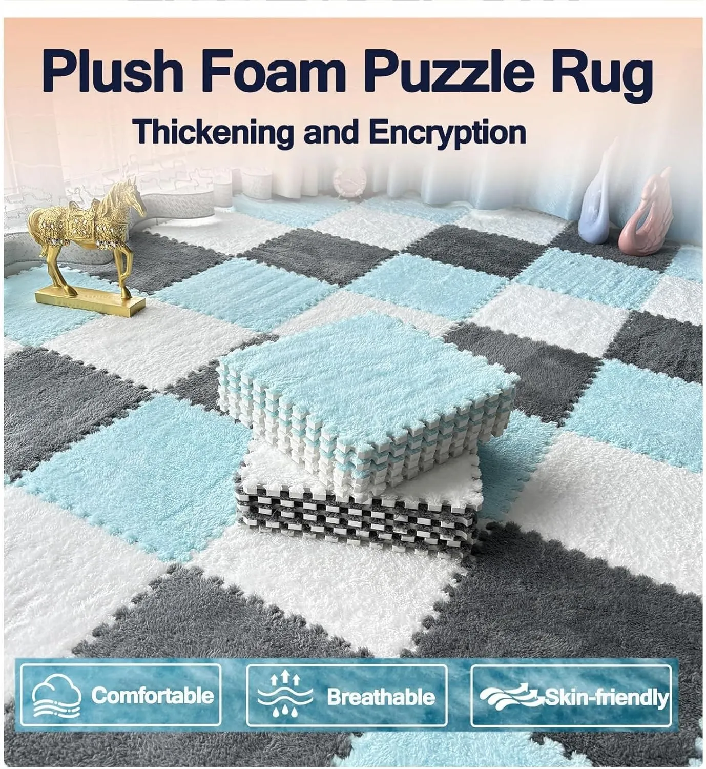Bedroom(Sky foment reconcile decorative Blue Gray) 10pcs Plush Interlocking Foam Carpet Tiles, Anti Slip Eva Jigsaw Floor 24x24 in Puzzle Fluffy Mats for Parlor 