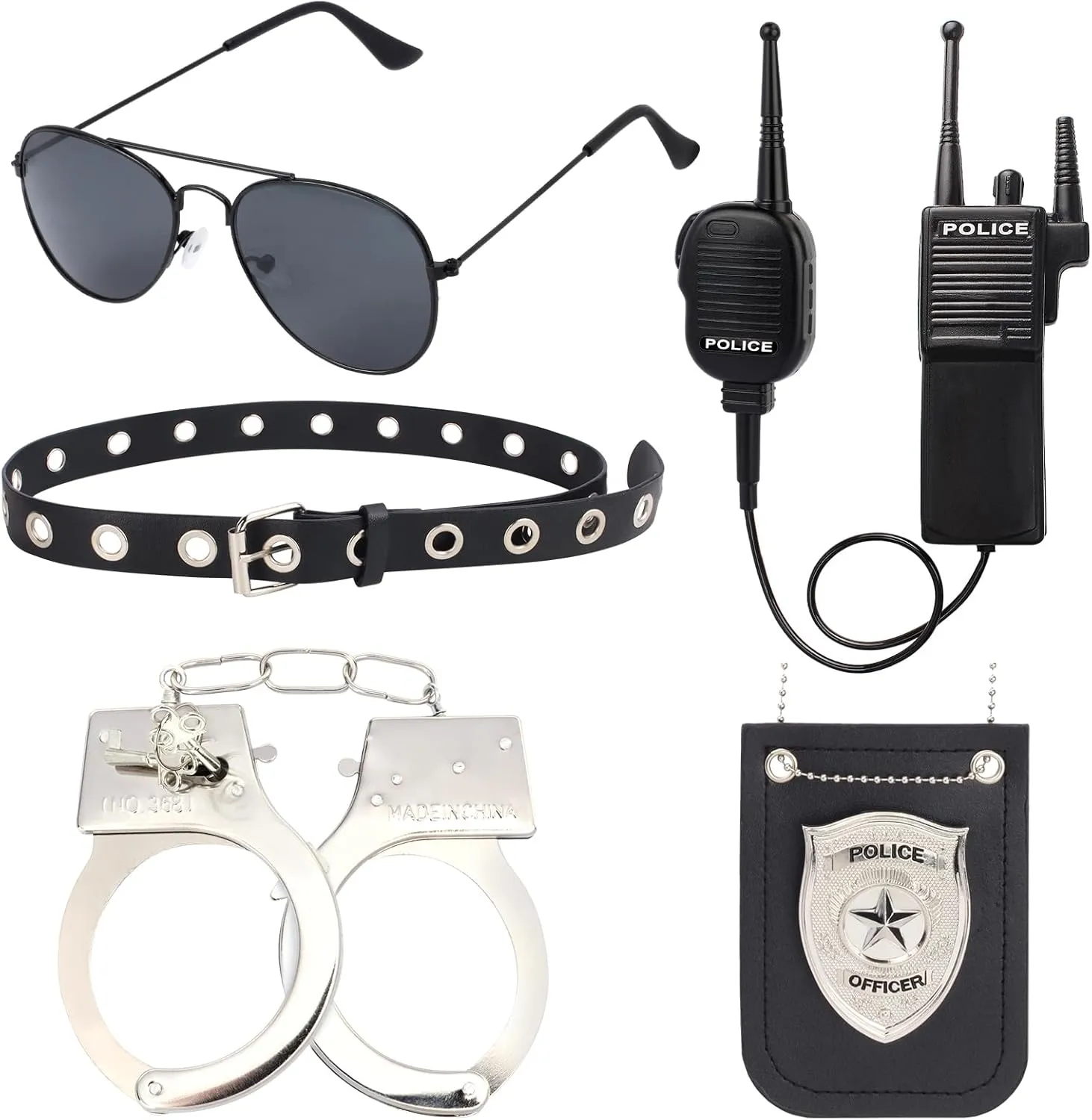 Belt Shades Walkie Talkie Kyson 5 Pcs Police Officer Costume impersonal Accessories Cop Dress Up Halloween Theme Party Handcuff Badge 