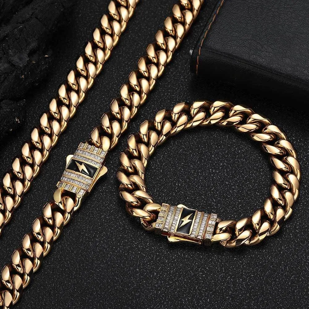 birthday$ Christmas$ Father's Day Men's 18K gold bracelet$ fairground European and American fashion solid lightning Cuban bracelet$ gift for husband$ brother$ father's 