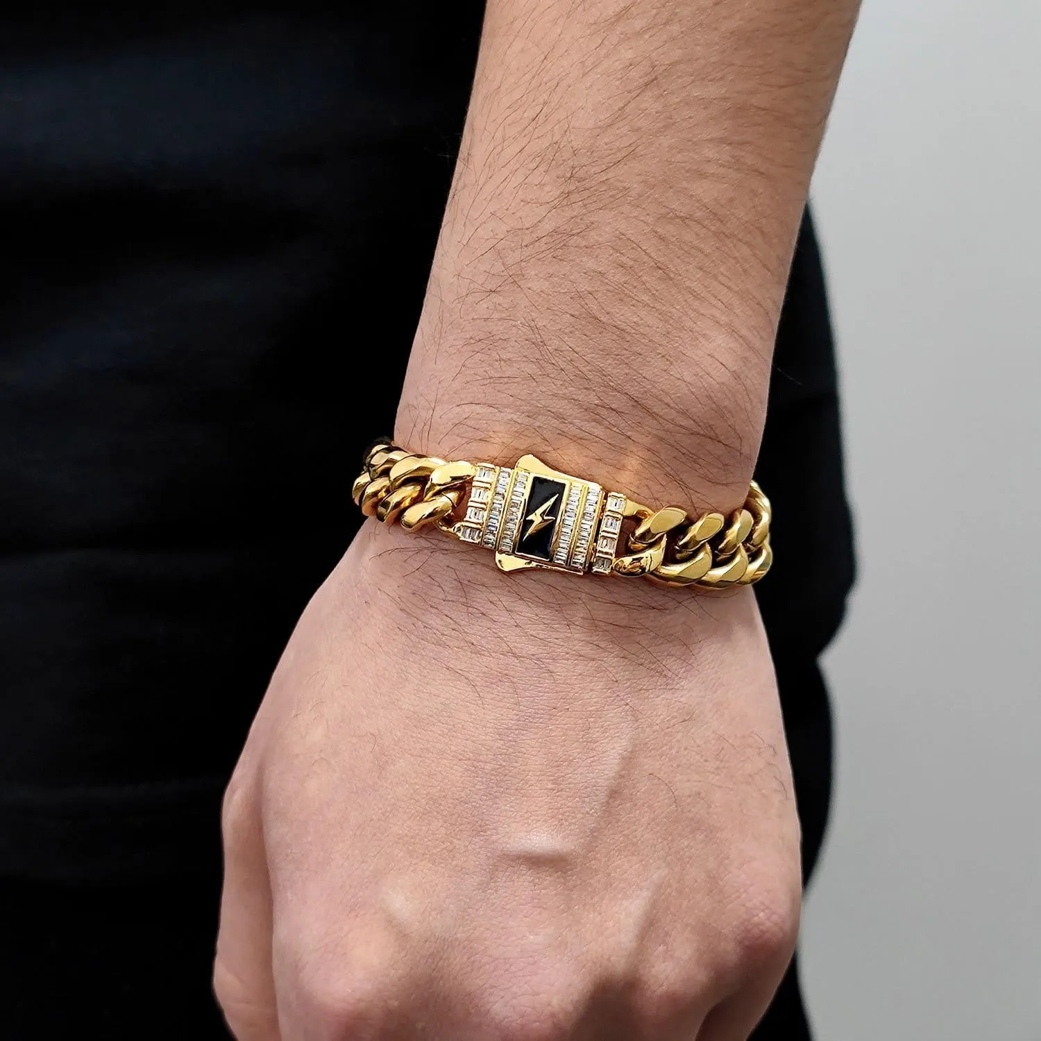 birthday$ Christmas$ Father's Day Men's 18K gold bracelet$ fairground European and American fashion solid lightning Cuban bracelet$ gift for husband$ brother$ father's 