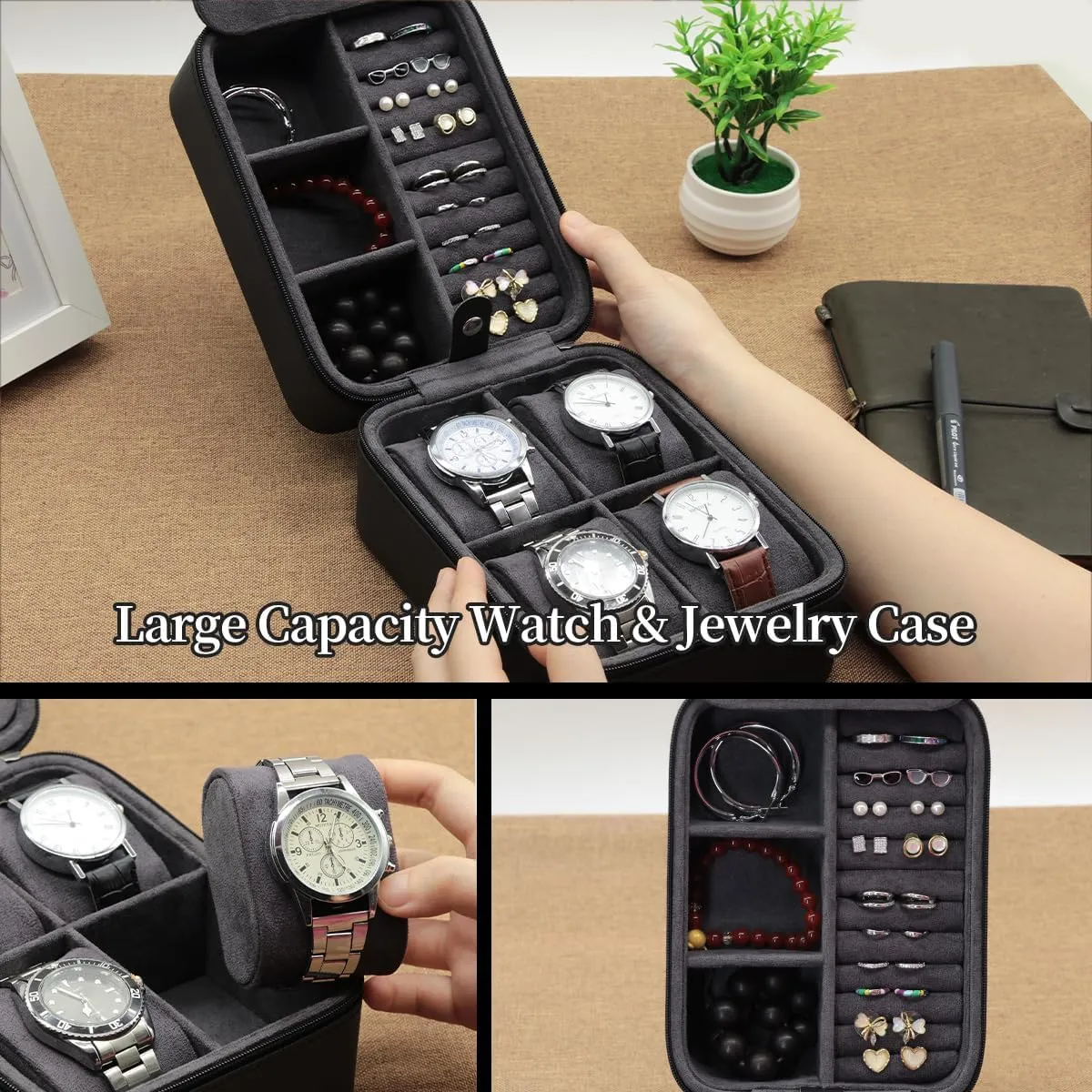 Black PU Leather TrickBox Watch Travel Case 4 Slots, Portable Watch Box Holder entrepreneur crescent amuse for Men and Women, Jewelry Storage Organizer, Fathers Day Present for Dad, 
