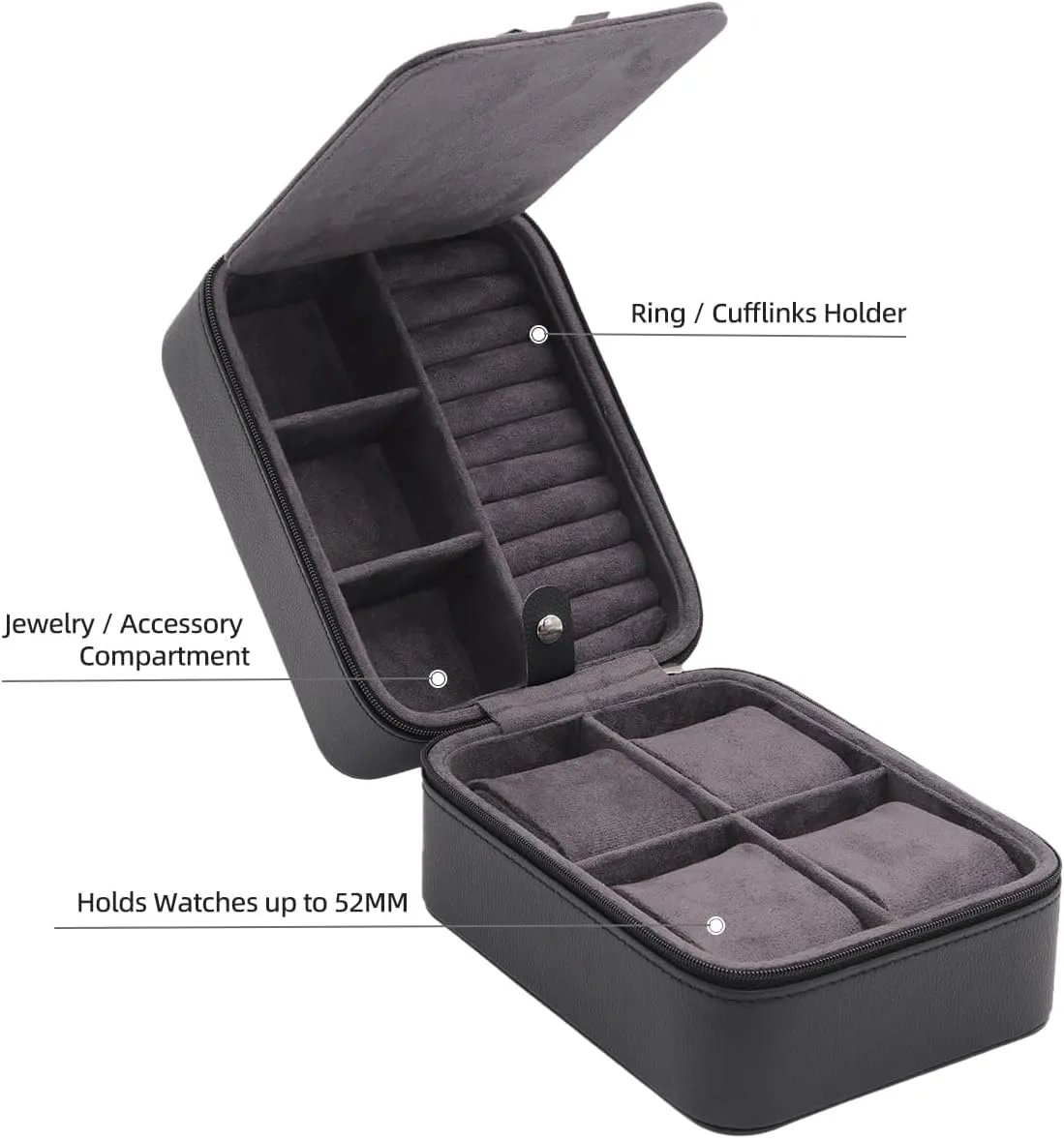 Black PU Leather TrickBox Watch Travel Case 4 Slots, Portable Watch Box Holder entrepreneur crescent amuse for Men and Women, Jewelry Storage Organizer, Fathers Day Present for Dad, 