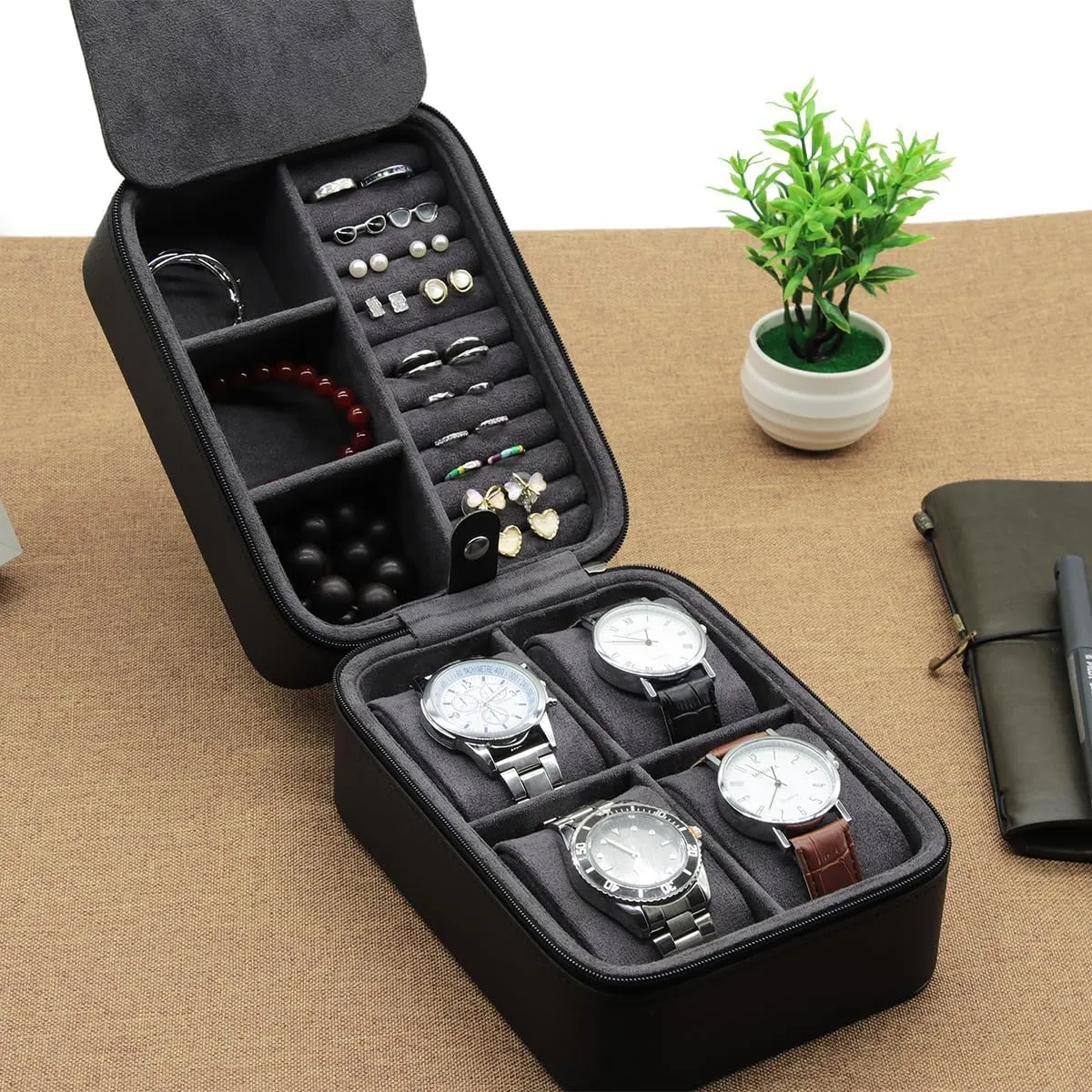 Black PU Leather TrickBox Watch Travel Case 4 Slots, Portable Watch Box Holder entrepreneur crescent amuse for Men and Women, Jewelry Storage Organizer, Fathers Day Present for Dad, 