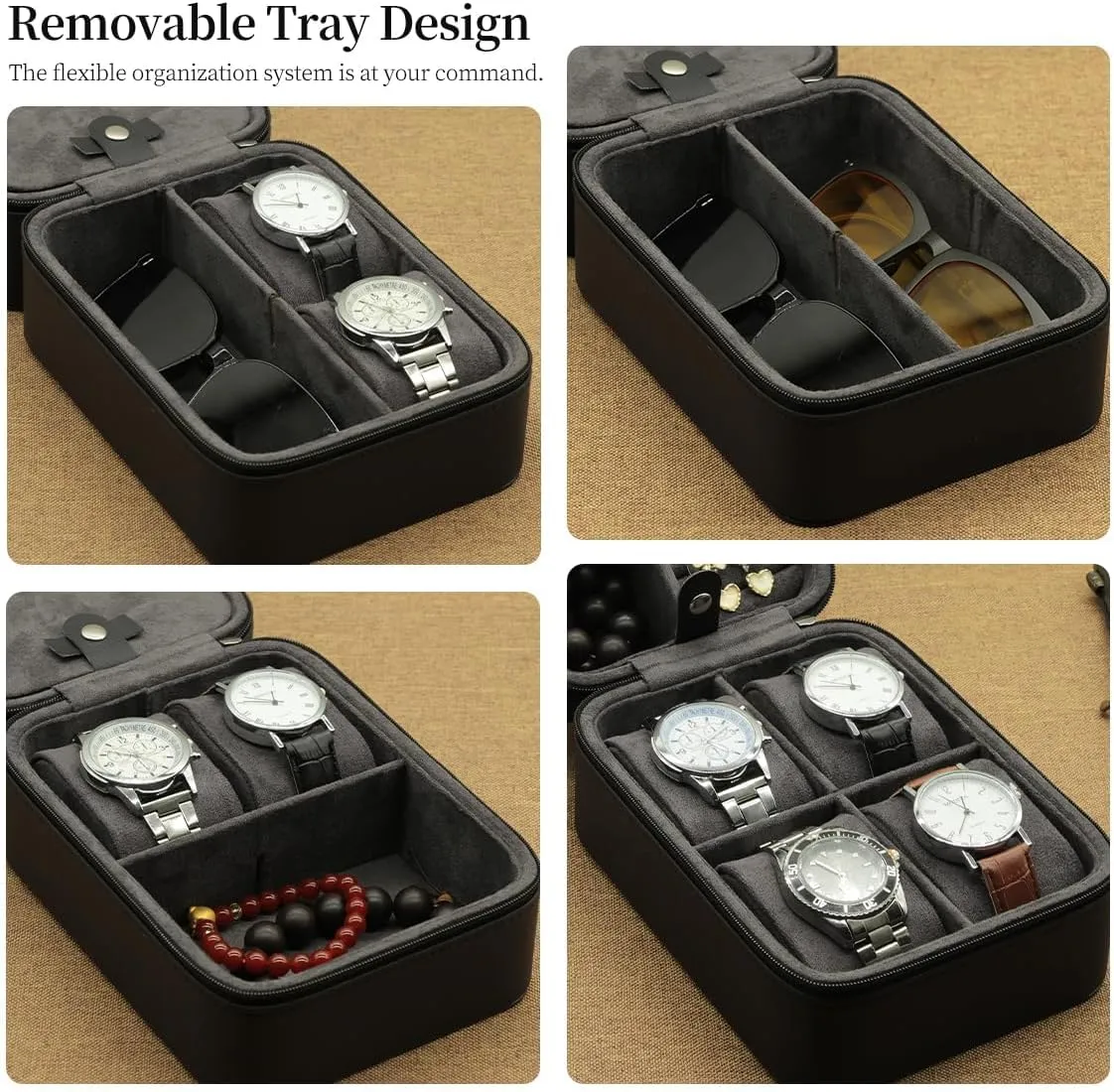 Black PU Leather TrickBox Watch Travel Case 4 Slots, Portable Watch Box Holder entrepreneur crescent amuse for Men and Women, Jewelry Storage Organizer, Fathers Day Present for Dad, 