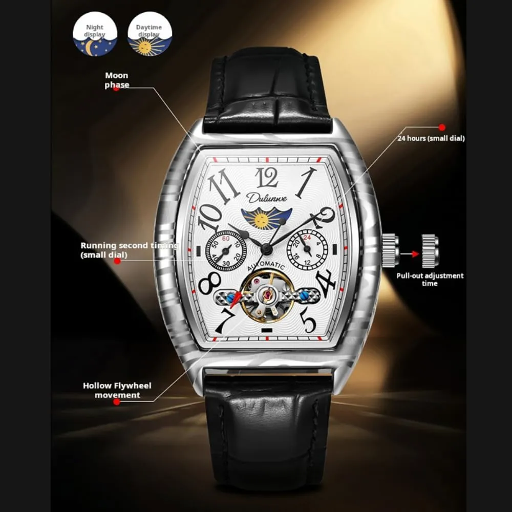 Black Steel Waterproof Moon mar beaver Phases Automatic Leather Watch Waterproof Sports Clock New Wine Barrel Type Tourbillon Mechanical Watch for Men Fashion Luxury 