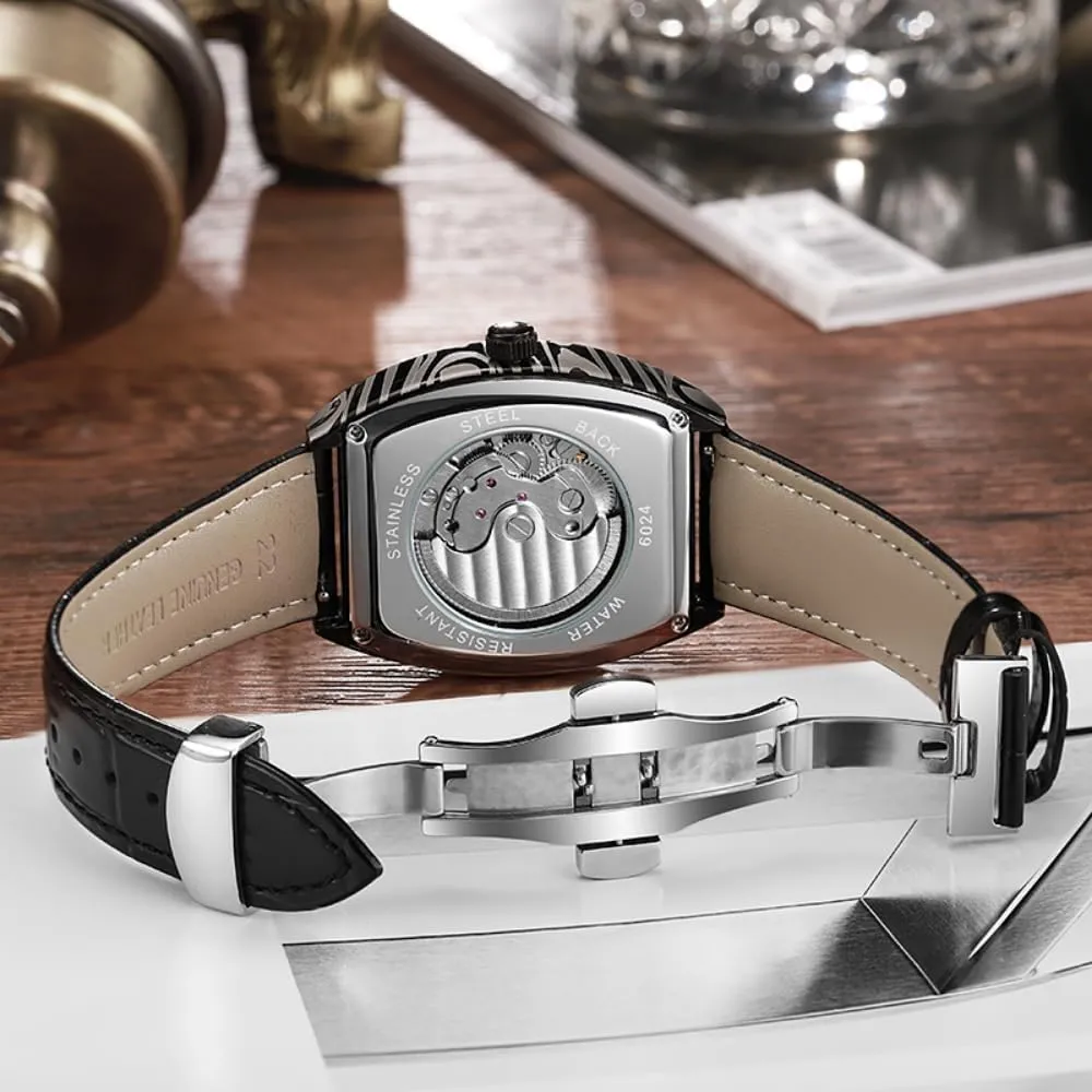 Black Steel Waterproof Moon mar beaver Phases Automatic Leather Watch Waterproof Sports Clock New Wine Barrel Type Tourbillon Mechanical Watch for Men Fashion Luxury 