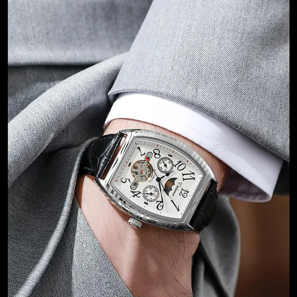 Black Steel Waterproof Moon mar beaver Phases Automatic Leather Watch Waterproof Sports Clock New Wine Barrel Type Tourbillon Mechanical Watch for Men Fashion Luxury 