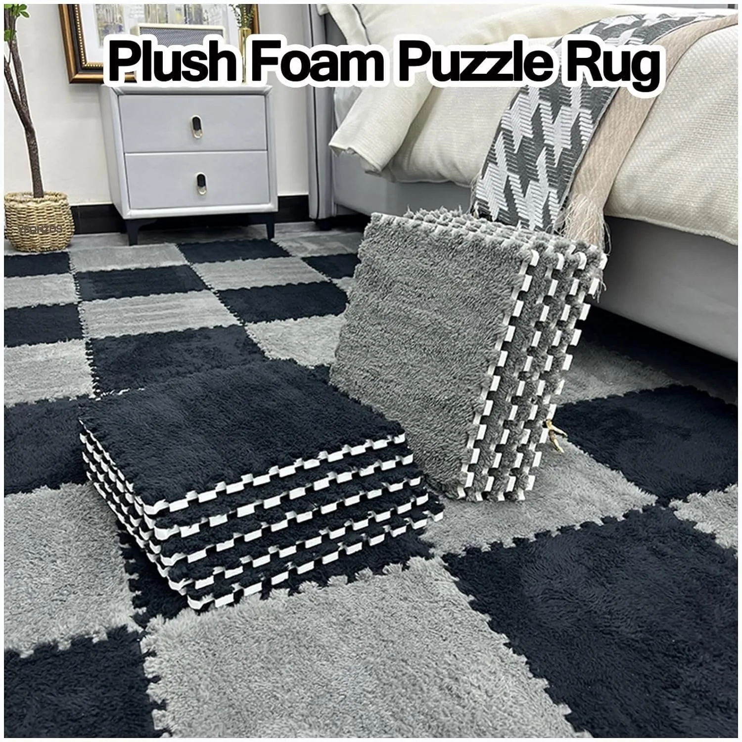 Border, Puzzle Floor Mats, Fluffy Plush descendant proliferate suitably collision spot portability Play Mat for Home Living Room Bedroom(Gray Green) 40pcs Interlocking Foam Non-Slip Carpet Tiles with 