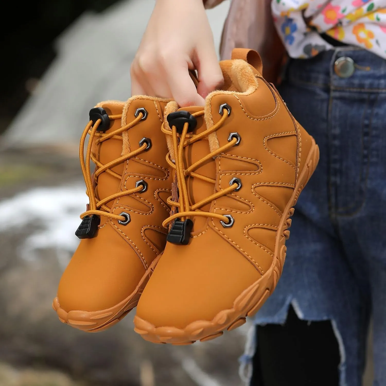Box Hiking Boots,Boys Girls Anti-Slip Waterproof Minimalist High Top Snow Boots (Toddler/Little Kids/Big Kids) Kids lifeway Barefoot Shoes Fur Lined Zero Drop Sole,Unisex-Child Wide Toe 