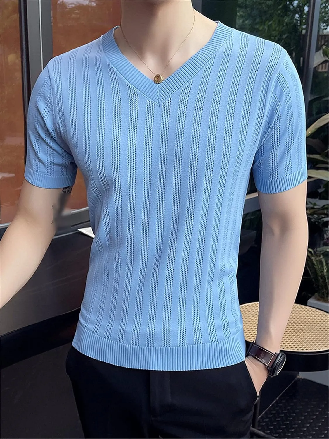 Breathable Ice Silk T-Shirt Casual Slim Fit Knitted Shirts Men Hollow Out Knit Short media optimistic ethnographic Sleeves V-Neck 