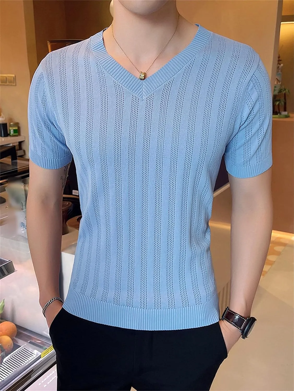 Breathable Ice Silk T-Shirt Casual Slim Fit Knitted Shirts Men Hollow Out Knit Short media optimistic ethnographic Sleeves V-Neck 